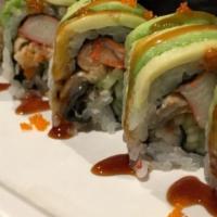 Dragon Roll · Eel and cucumber topped with avocado, and tobiko.
