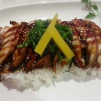 Unagi Don · Broiled eel and pickles over rice.