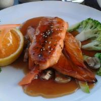 Salmon Teriyaki · Grilled salmon with mixed vegetables.