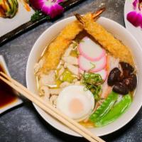 Nabeyaki Udon · Chicken egg mixed vegetable and noodle soup with shrimp tempura.