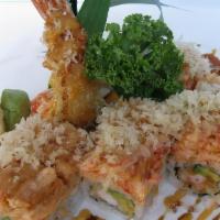 Oishii Roll · Spicy. Shrimp tempura, avocado inside topped with spicy crab meat.