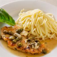 Chicken Picatta With Linguine · Sautéed chicken, capers, lemon sauce, served over linguine.