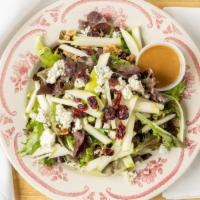 Grannys Harvest Salad · Mixed greens with cranberries, apples, chopped walnuts and gorgonzola cheese with balsamic v...