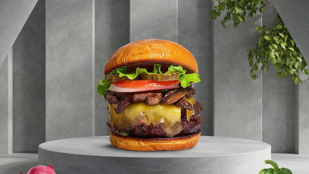 Veggie Spice Burger · Veggie patty topped with portobello mushrooms, peppers, pickles, and lettuce. Served on a multigrain bun.