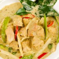 Green Curry · Spicy. Green curry with coconut milk, bamboo shoots, bell peppers, and fresh basil.