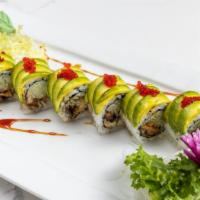 Dragon Roll · Inside: eel, cucumber and sesame seeds. Outside: avocado and tobiko. Sauce: eel sauce.
