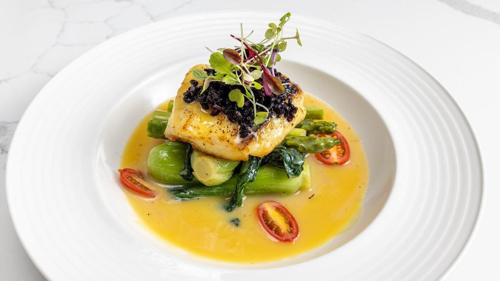 Chilean Sea Bass With Black Rice · With orange miso sauce. Served with soup or salad and rice.