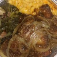 Smothered Chicken Meal · Includes small soup or salad, (2) small side items and cornbread.