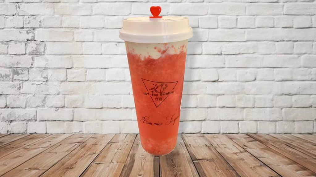Cloud Berry · Green tea drink with fresh strawberry, cheese foam and lychee jelly.