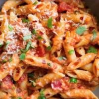 Meat Sausage With Penne · Penne style pasta beaded with warm beef meat sausage.
