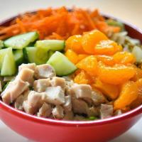 Mandarin Chicken · Slow-roasted chicken, mandarin oranges, carrots, cucumbers and sliced almonds. Made with a c...