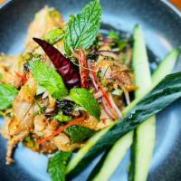 Yum Kaw Moo · Grilled pork salad tossed in chili and various fragrant Thai herbs, lime dressing, toasted r...