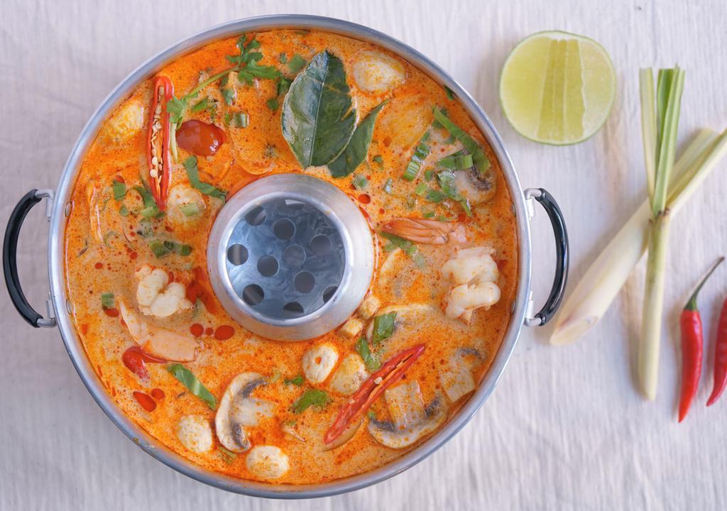 Chicken Tom Yum Soup · The iconic sour and spicy creamy tom yum soup cooked with mushrooms and a variety of fragrant herbs.
