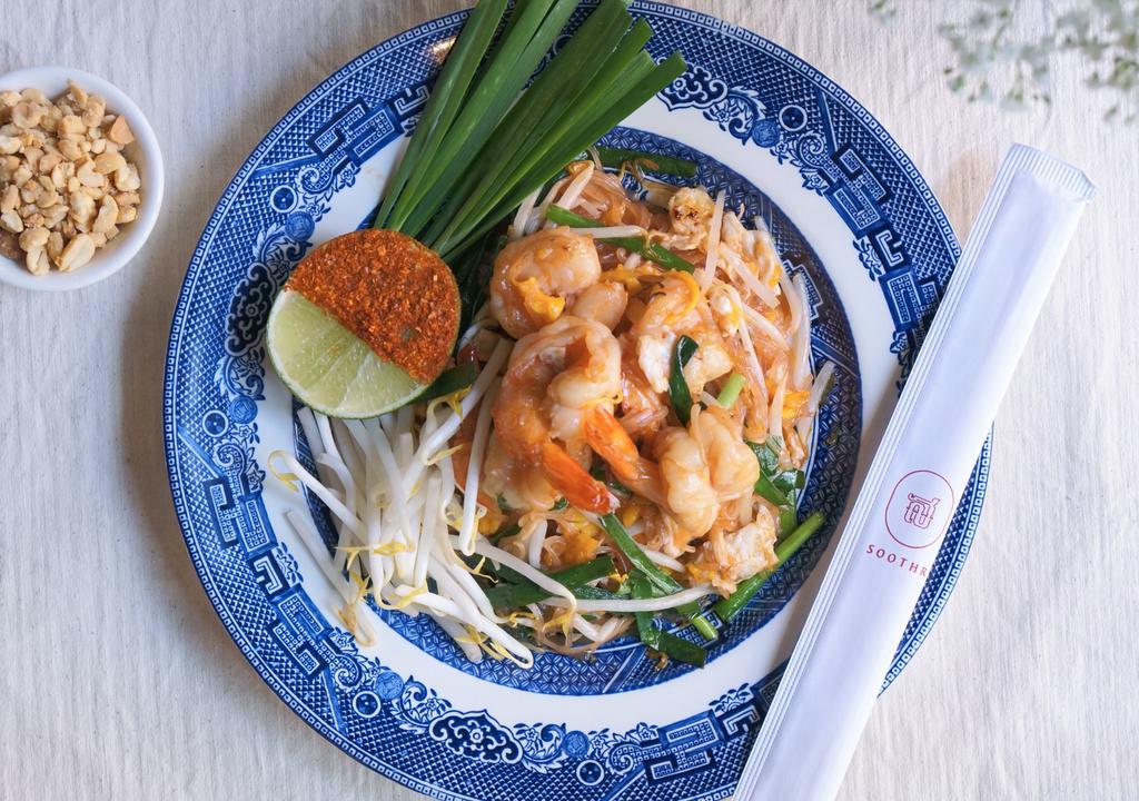 Shrimp Pad Thai · (only shrimp, no other proteins substitution)
The famed pan-fried rice noodles with egg,  chive, ground peanut, beansprouts, and a hint of tamarind flavor.
