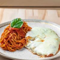 Chicken Parmigiana  · Lightly Breaded Chicken Topped with Melted Fresh Mozzarella & Tomato Sauce. Comes with your ...