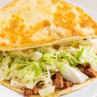 Spicy Pork Quesadilla (2 Pcs) · Warm grilled flour tortillas filled with cheese fresh lettuce, cotija powder cheese, and sou...