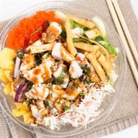 Chicken Poke · Chicken, Cilantro, Scallion, Sweet Onion, Edamame, Chopped Mango, Cucumber, Crab Salad, Wont...