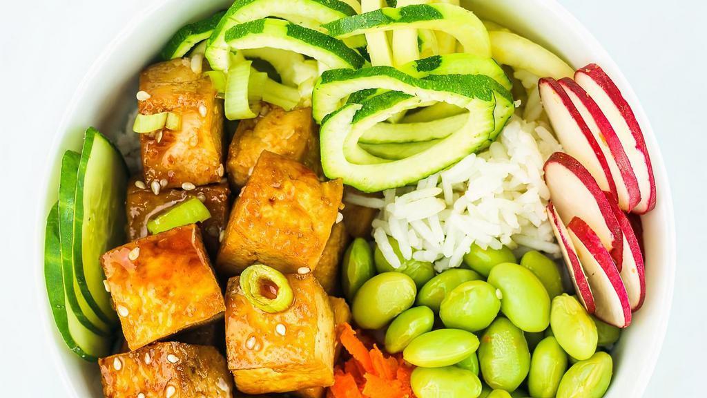 Tofu Poke · Organic Tofu, Scallion, Sweet Onion, Sweet Corn, Hijiki, Edamame, Cucumber, Seaweed Salad, Garlic Crisp, Sesame Mix, Sesame Shoyu.