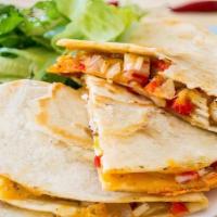 Chicken Quesadilla · Flour large tortilla filled with chicken and melting cheese. Served with lettuce, pico de ga...