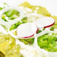 3 Enchiladas Verdes De Pollo · 3 chicken tomatillo sauce enchiladas. Topped with lettuce, radish and cheese. Served with ri...