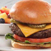 Cheeseburger* · Cheddar, lettuce, tomato, red onion, brioche bun