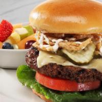 Durango Burger* · Chile spiced, pepper jack cheese, pickles, fried onions, roasted garlic ranch dressing, brio...