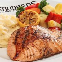 Wood Grilled Salmon*  · Basted with Key lime butter, fresh vegetables, served with choice of side