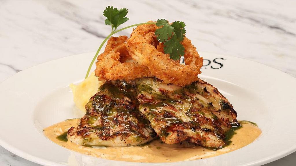 Cilantro-Grilled Chicken Breast · Crisp Ranch Rings, smoked tomato jack cheese sauce, choice of side