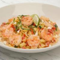 Baja Shrimp Pasta · Seared large shrimp, vegetables, fettucine, goat cheese, fresh basil, bold cream sauce
