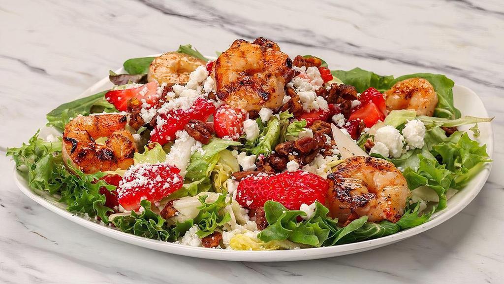 Grilled Shrimp & Strawberry Salad · Wood grilled shrimp, strawberries, mixed greens,. goat cheese, jicama, spiced pecans; Chef recommends balsamic vinaigrette