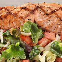 Grilled Salmon Salad · Wood grilled salmon, mixed greens, tomatoes, spiced pecans, jicama; Chef recommends cilantro...