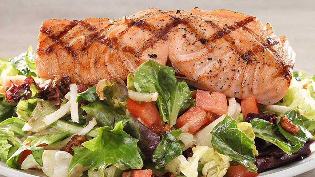 Grilled Salmon Salad · Wood grilled salmon, mixed greens, tomatoes, spiced pecans, jicama; Chef recommends cilantro lime vinaigrette