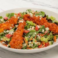 Buffalo Chicken Salad · Mixed greens with carrots, cucumbers, tomatoes and bleu cheese crumbles, topped with hand-br...