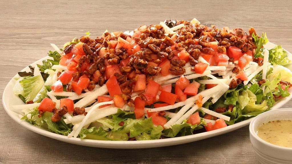Family Salad: Mixed Greens · Tomatoes, spiced pecans, jicama comes with cilantro-lime vinaigrette (Serves 4-6)