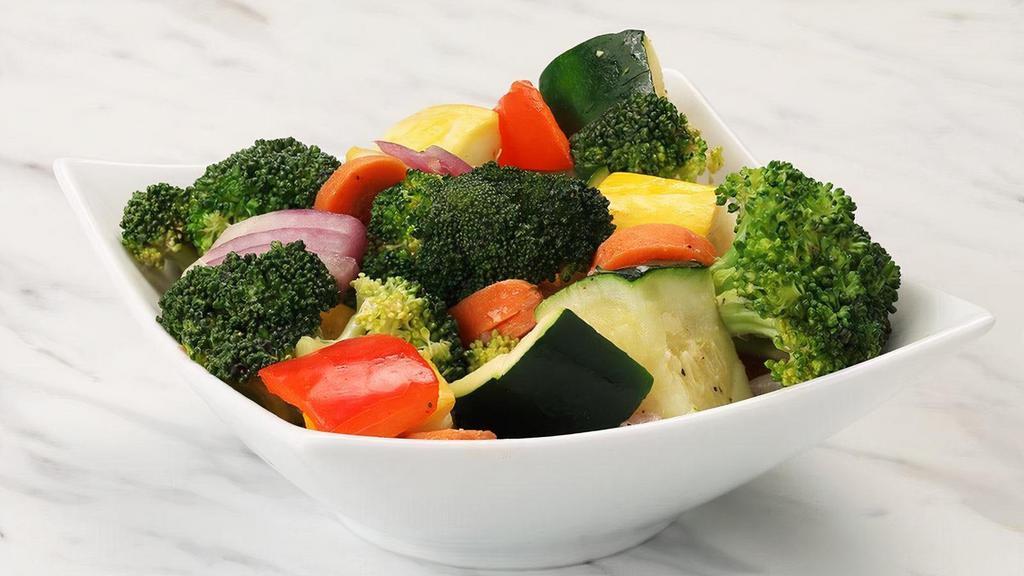 Fresh Vegetables · Zucchini, squash, red pepper, red onion, carrots and broccoli sautéed in butter with light seasoning