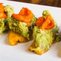 Pedro'S Tostones · Fried green plantains, topped with guacamole and shrimp.