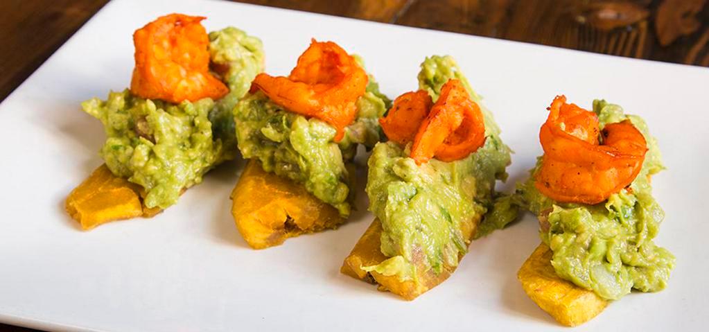 Pedro'S Tostones · Fried green plantains, topped with guacamole and shrimp.