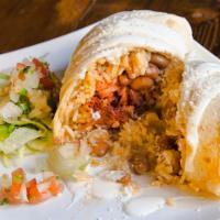 Burrito · Lightly grilled flour tortilla wrapped with rice, beans, cheese and sour cream.