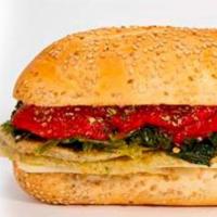 Nonnas Veggies  · Eggplant, Sharp Provolone & Broccoli Rabe topped with Roasted Red Peppers.