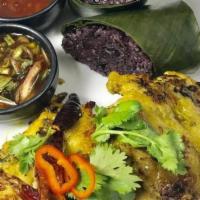 Gai Yang Tra Krai (Grilled Lemongrass Chicken.) · Grilled marinated cornish hen,steamed mixed vegetables served with black coconut sticky rice...