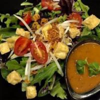 Thai Salad · Mixed green vegetables, bean sprouts, cucumber, fried tofu, cherry tomatoes, peanut dressing...