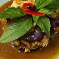 Eggplants Basil · Medium spicy eggplant, Thai chili, onion, long chili and basil leaves.