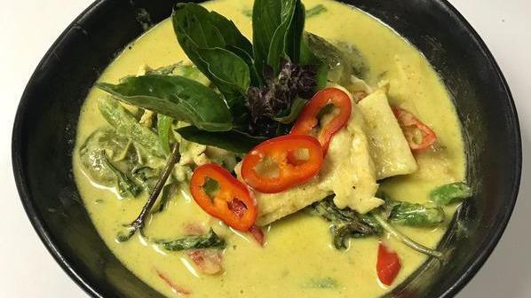 Green Curry · Popular. Served with choice of meat in curry coconut milk, bamboo shoots, eggplant, basil, and green curry.