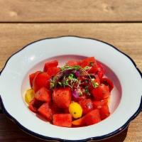 Tomato & Watermelon · Heirloom tomato and watermelon salad with coconut oil, Thai basil and shiso
