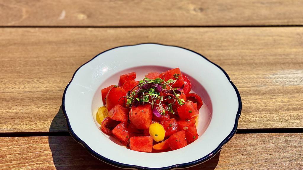 Tomato & Watermelon · Heirloom tomato and watermelon salad with coconut oil, Thai basil and shiso