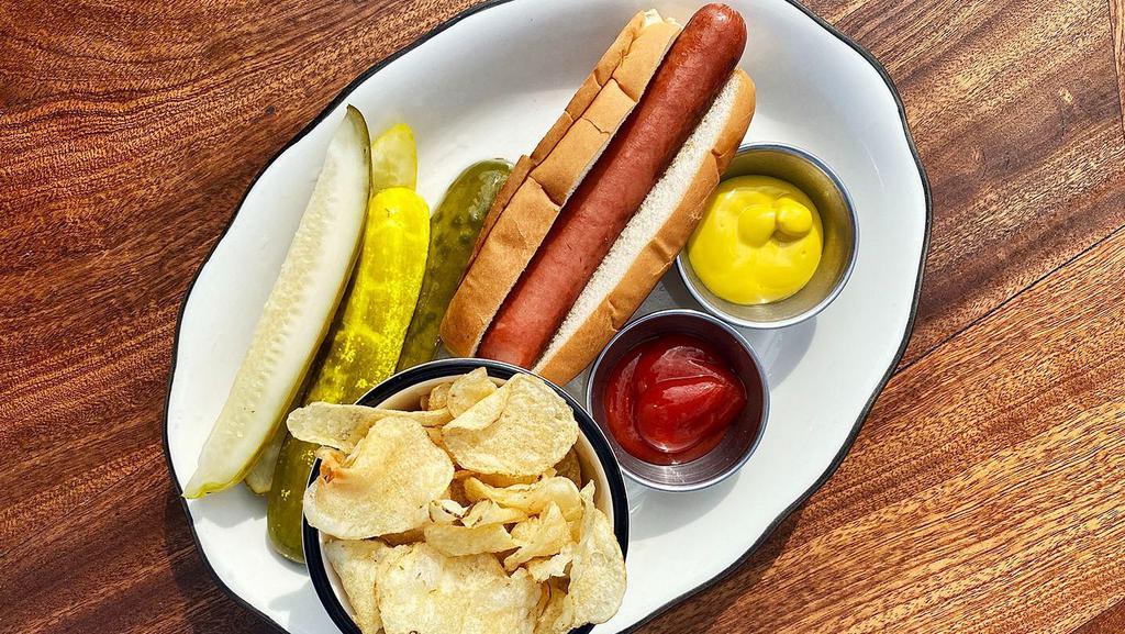 Kids Hot Dog · Natural beef hot dog (antibiotic and nitrate free) served on a New England style bun with a housemade pickle and a side of Cape Cod chips. Ketchup served on the side.