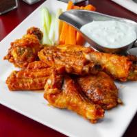 Crispy Buffalo Chicken Wings · Spicy fried chicken wings served with buffalo sauce.