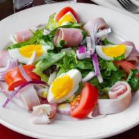 Due Amici Salad · Mixed greens salad with rolled ham, salami, provolone cheese, and hard boiled egg.