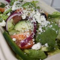Greek Salad · Kula greens, red onions, bell pepper, tomato, cucumber, Kalamata, olives, feta and lemon ore...