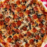 Boston Special · Comes with pepperoni, green peppers, onions, mushrooms, and black olives.
